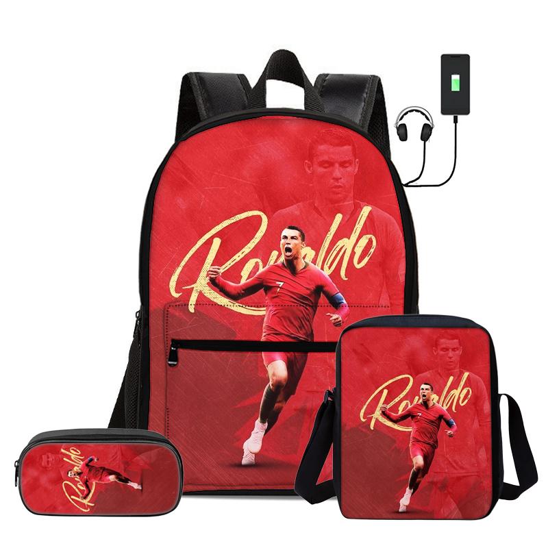 Children 3Pcs Set Daily Pack Football Star Rucksack Best Gift Pupil School Carry Carrier Pencil Bags M-Messis School Bag
