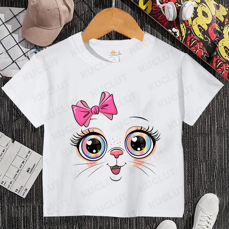 Kids T Shirt Flower Cat Graphic Anime Shirt Summer Girls Floral Kitty Tops Short Sleeve Tee Cute Animal Cartoon Cat White Tshirt