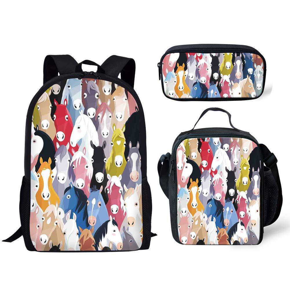Luxury Novelty Cool Tribal Colored Horses 3D Print 3pcs/Set pupil School Bags Laptop Daypack Backpack Lunch bag Pencil Case