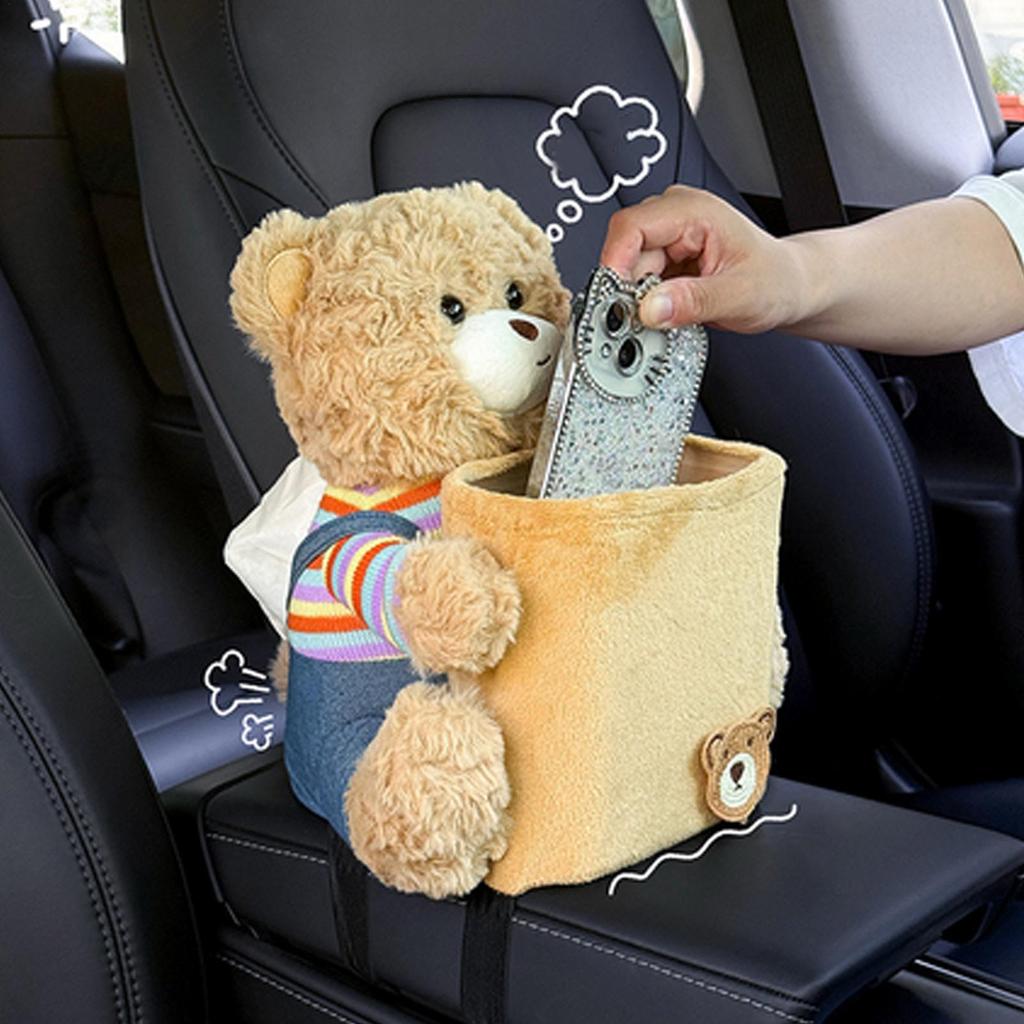 Car Tissue Holder 2-in-1 Multifunctional Cute Plush Bear Waterproof Auto Storage Truck Trash Can For Home Desk Table Bedside