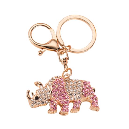 Keychain Pendant 3D Cartoon Rhinoceros Design Sparkling Rhinestones Inlaid Key Chain with Lobster Clasp Key Ring Bags Accessories