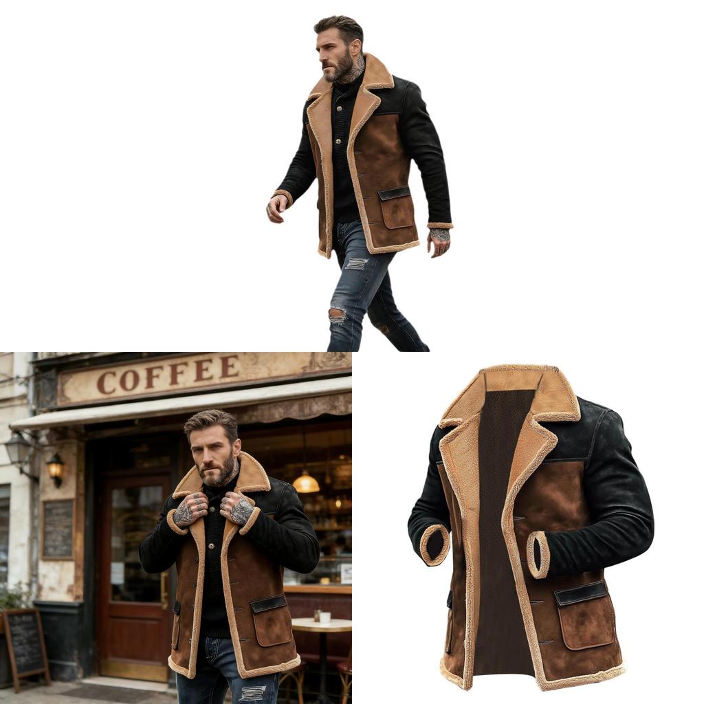 Vintage Suede Leather Jacket For Men With Colorblock Design For Fall Winter Wear