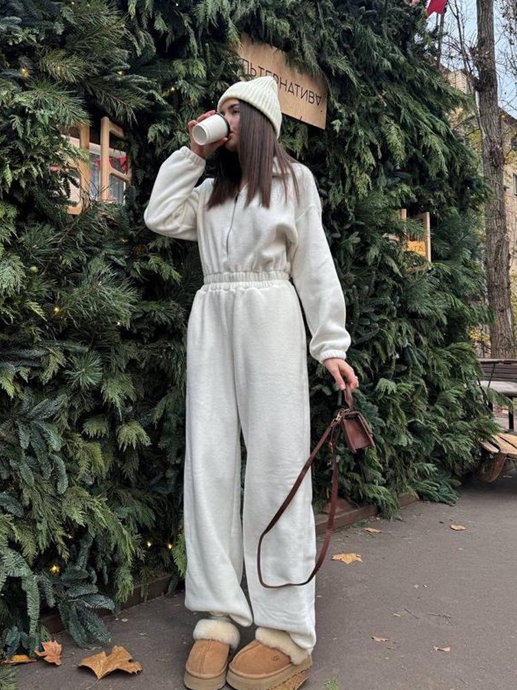 European & American Women's Spring/Autumn Long Sleeve Jumpsuit - Casual Half Open Neck, Elastic Waist Set