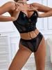 Sexy Pu Leather Lingerie Set For Women Patchwork Mesh Lace Up Hollow Out See-Through Corset Top Bra And Panty Exotic Underwear