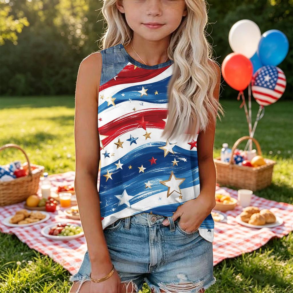 Sleeveless Loose Fit Tank Top for Women Round Neck Denim Patchwork American Flag Print Summer Casual Shirt