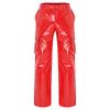 Mens Glossy PU Leather Cargo Pants Multi Pocket Straight Leg Punk Trousers Y2k Streetwear