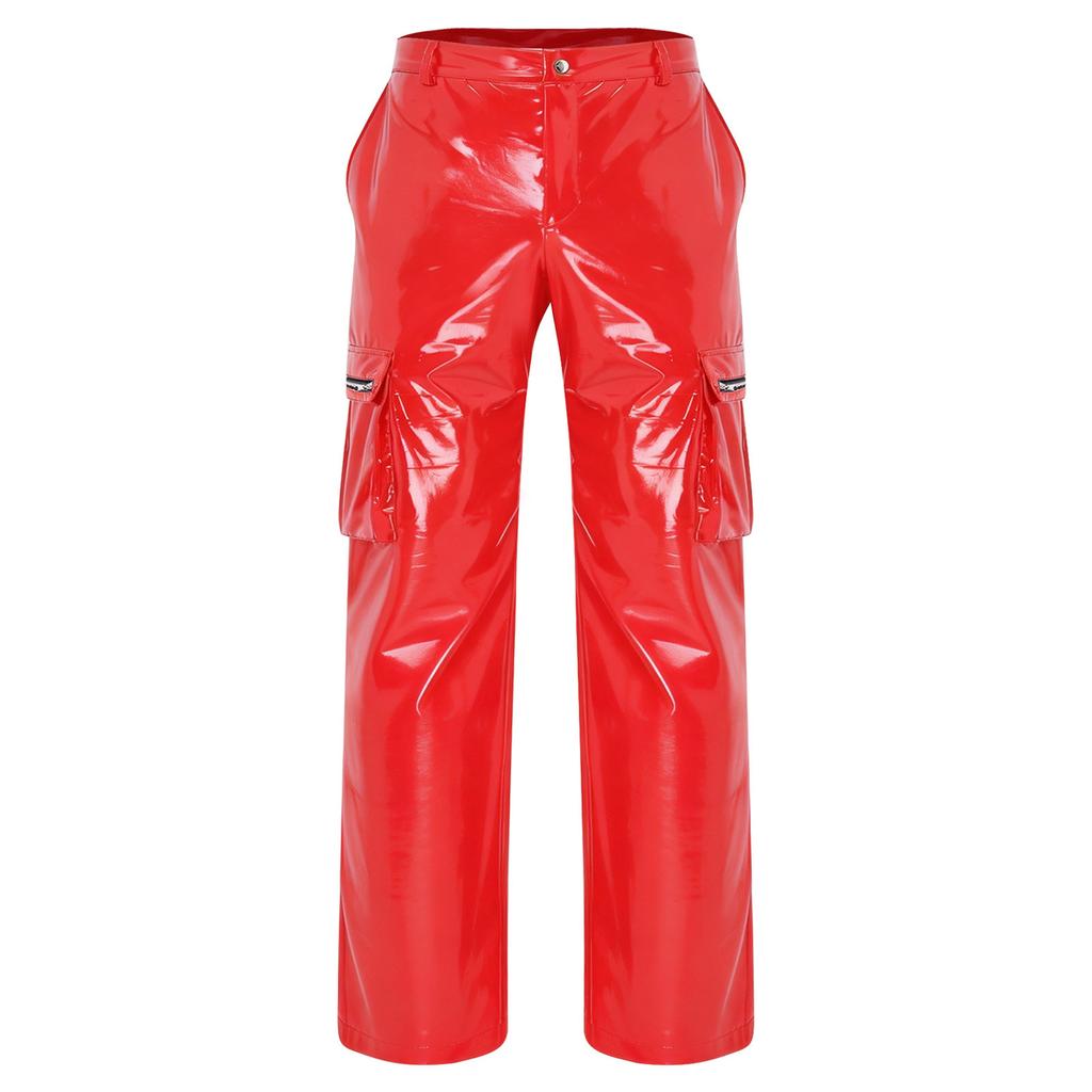 Mens Glossy PU Leather Cargo Pants Multi Pocket Straight Leg Punk Trousers Y2k Streetwear