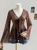 Brown Floral Print Deep V-Neck Long Sleeve Blouse with Bow and Ruffle Hem