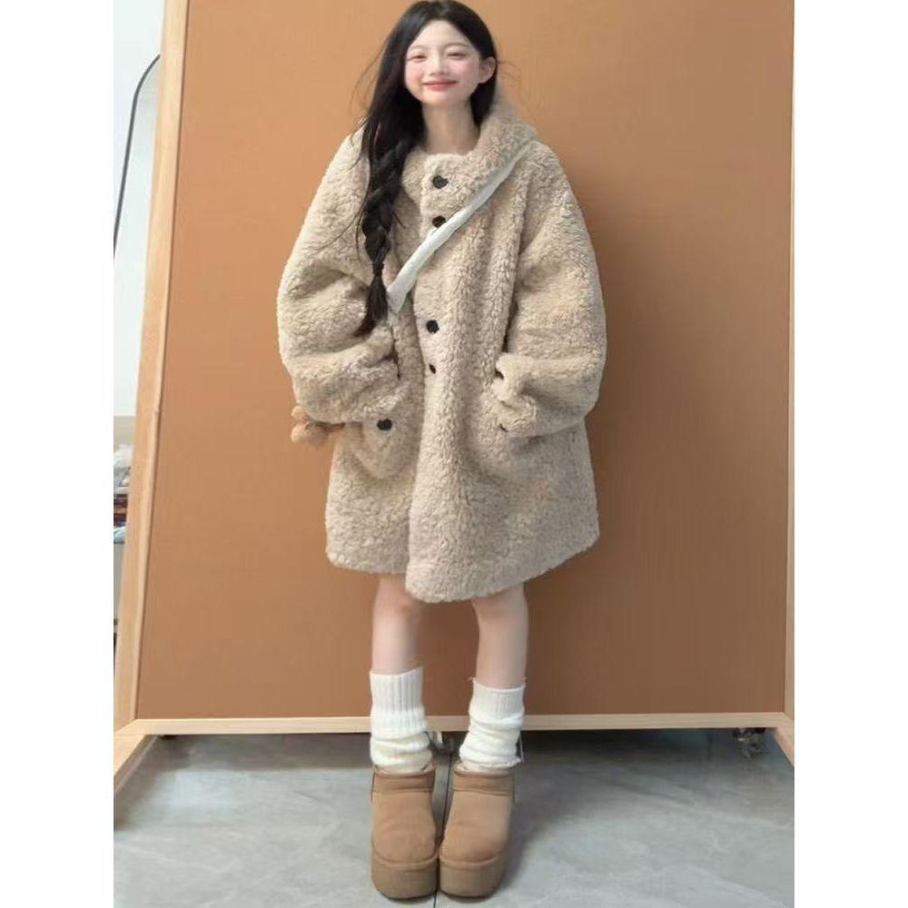Lamb Wool Hooded Thick Coat with Fur Trim - 2025 Korean Style Mid-Length Fluff.