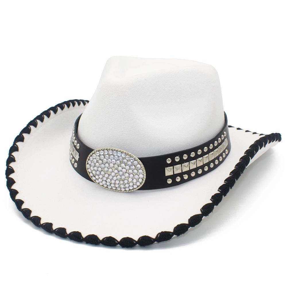 Fashion Contrast Color Personality Design Western Cowboy Hat Rivet Rhinestone Decoration Stage Suction Jazz Hat Versatile Top Hat