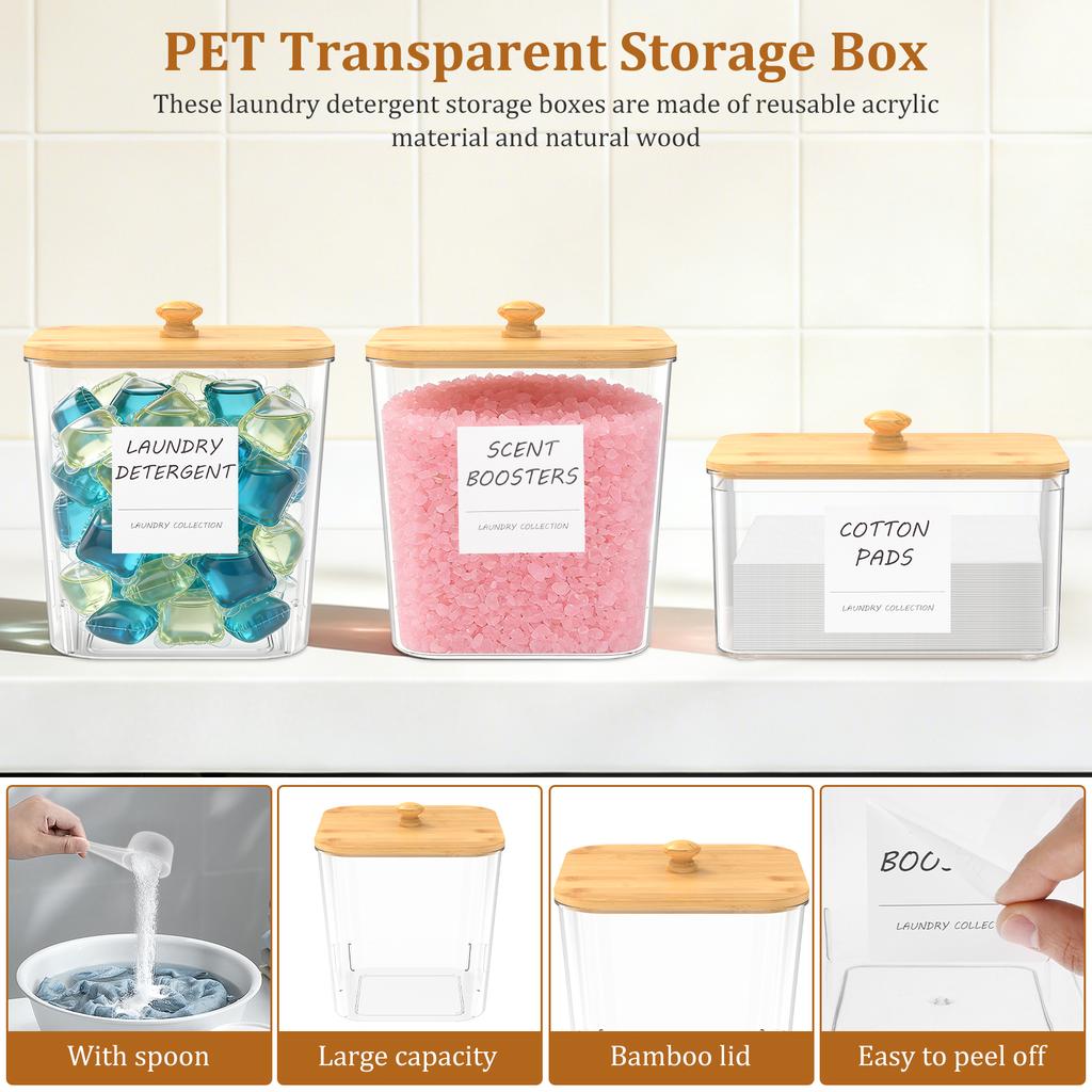3/4Pcs Laundry Powder Container PET Transparent Storage Box with Bamboo Lid and Spoon Dryer Sheet Holder Set Laundry Accessories