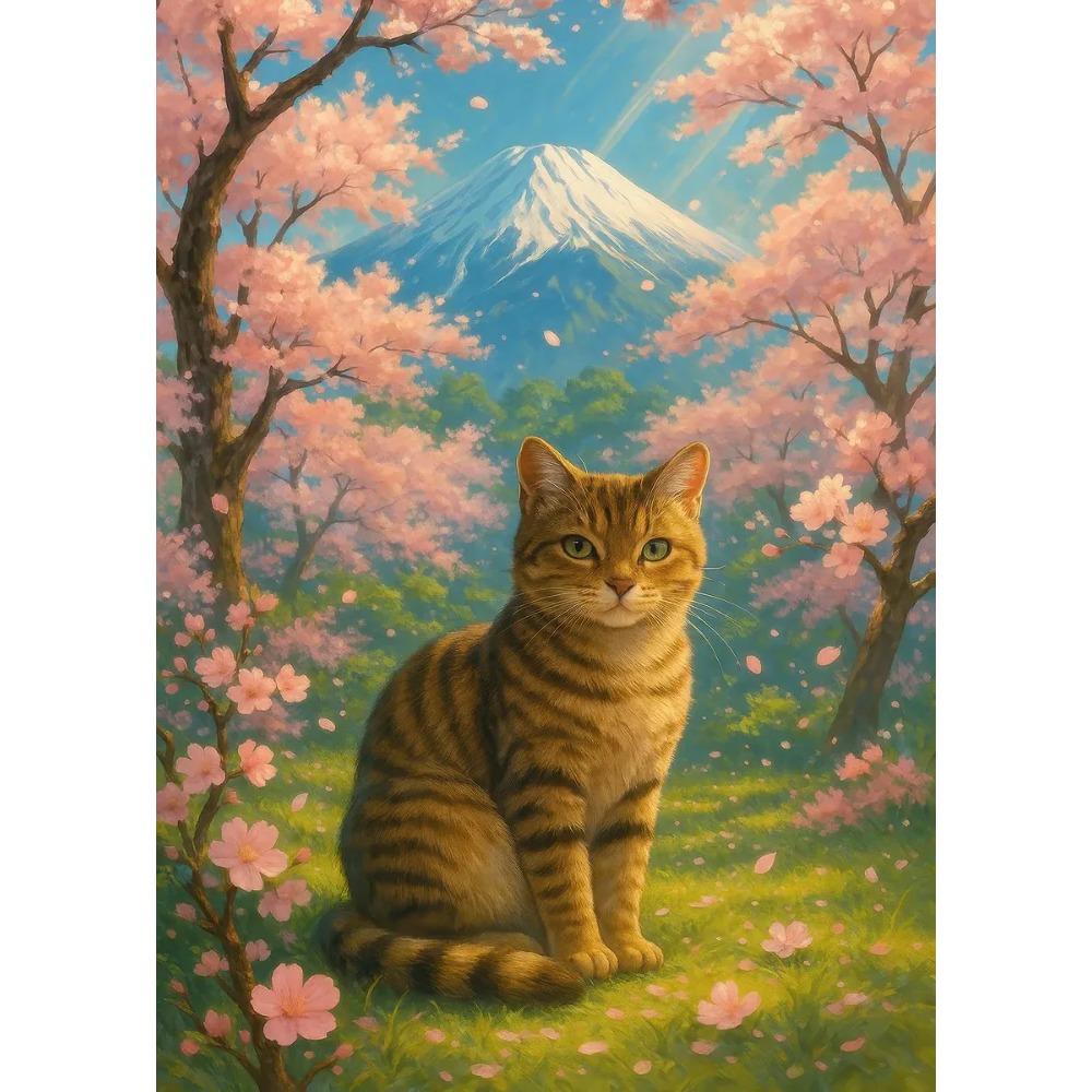 Black Cat Reading in Cozy Bed Orange Cat Cherry Blossom Lotus Landscape Canvas Painting Print Wall Art Picture Room Home Decor