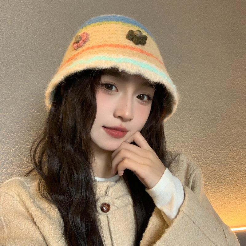Colored Flower Knitted Bucket Hat Women's Japanese Sweet and Cute Contrasting Color Pot Hat Versatile Face Small Wool Hat Tide