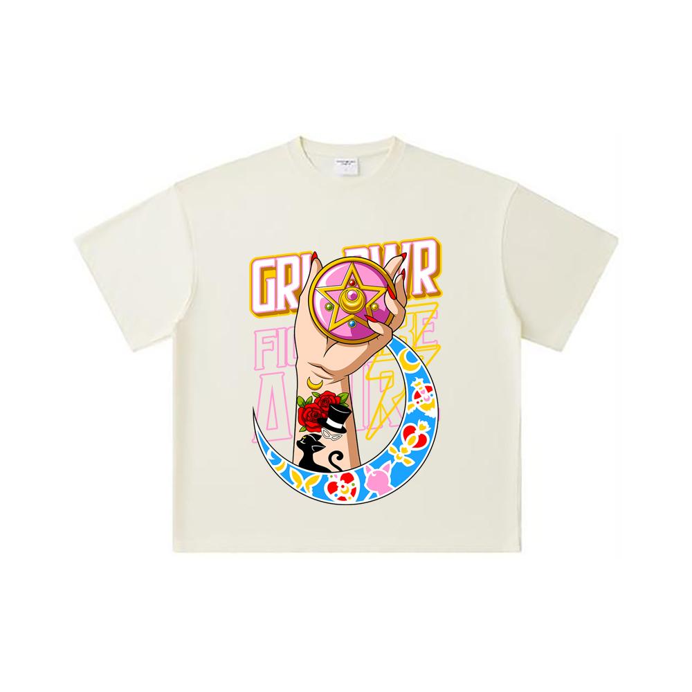 260 GSM Double Yarn 32 Count 100% Cotton Sailor Moon V12 Girl Power Print Unisex Heavy Cotton T Shirt