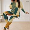Women Plus Size Blue Yellow White Abstract Printed Front Zipper Long Sleeve Longline Top Fitted Pants Two Piece Set