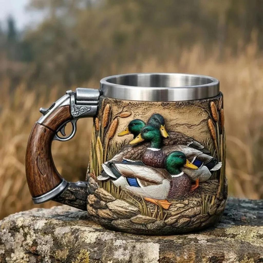 Caneca de Café Hunter – 350ml de Aço Inoxidável com Tema de Caça e Design Camuflado | Presente Único para Homens, Pai, Marido, Amante da Natureza