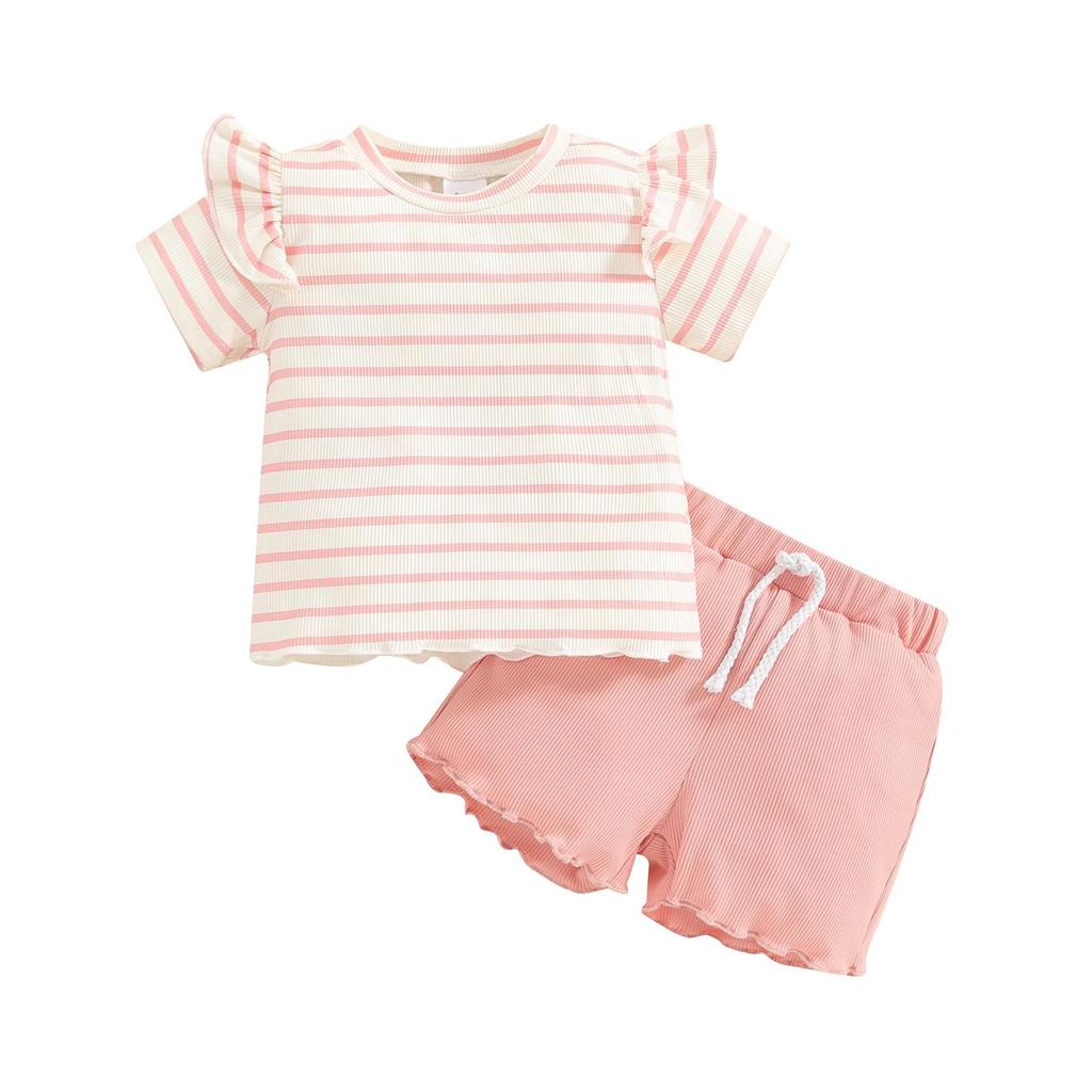 Little Girl 2 Piece Summer Set 6 12 18 24 Months 3 4 Years Round Neck Short Sleeve Striped Tops + Elastic Waist Wave Hem Shorts Infant Toddler Outfits