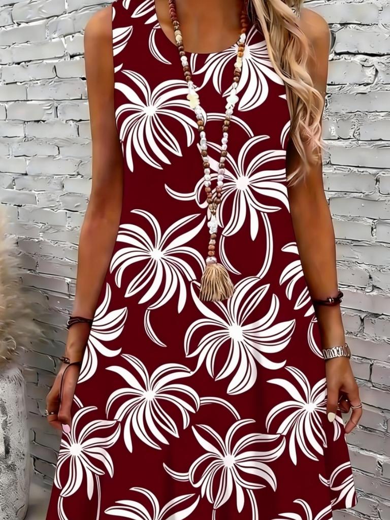 Women's Floral Print Round Neck Dress, Fashion Casual Sleeveless Short Dress for Daily Outdoor Wear, Ladies Dress for Summer