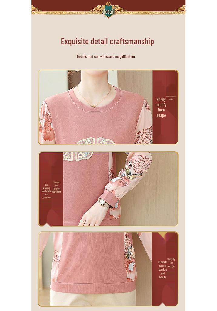 Frühlings-Besticktes Langarm-Freizeit-T-Shirt für Frauen mittleren Alters & ältere Frauen - Chinesischer Stil, Atmungsaktiv & Lockerer Schnitt