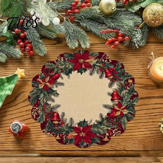 Round Festive Tableware Christmas Placemat, 14 Inch Pattern Anti Slip Tabletop Protector, Decorative Heat Insulation Mat Place for Dining Table