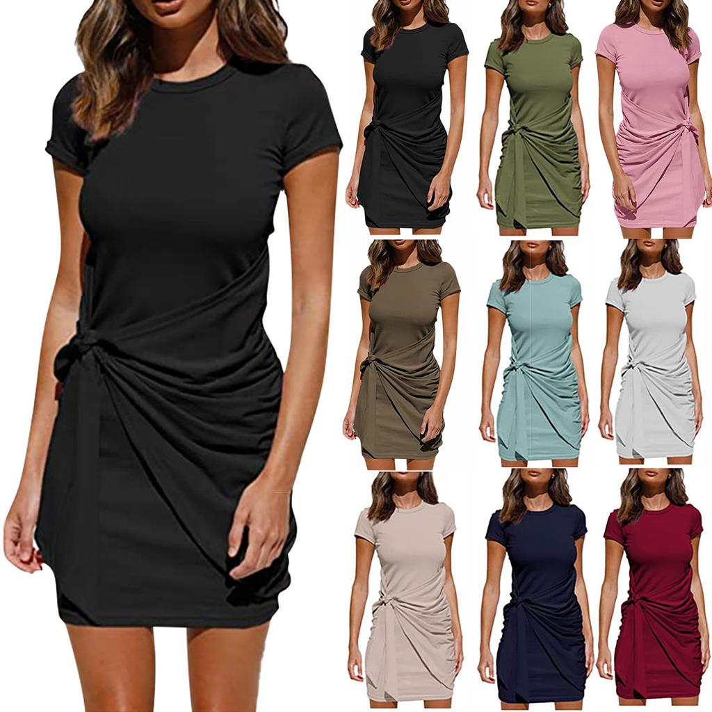 Women's Spring Summer Waist, V-neck, Short-sleeved Sexy Strap Dress