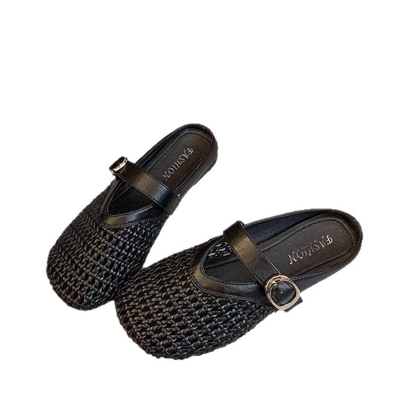 Flache hohle gewebte Mesh-Slipper 2025 Sommer neue lässige weichsohlige vielseitige Ein-Pedal-Taschenkopf-Halbschalen-Schuhe