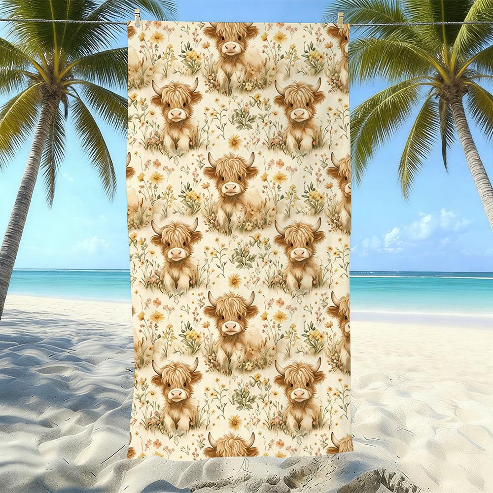 Europäisches und Amerikanisches Retro Hochlandrind Druck Strandtuch Mikrofaser Verdickt Wasseraufnahme Schnelltrocknend Outdoor Badetuch
