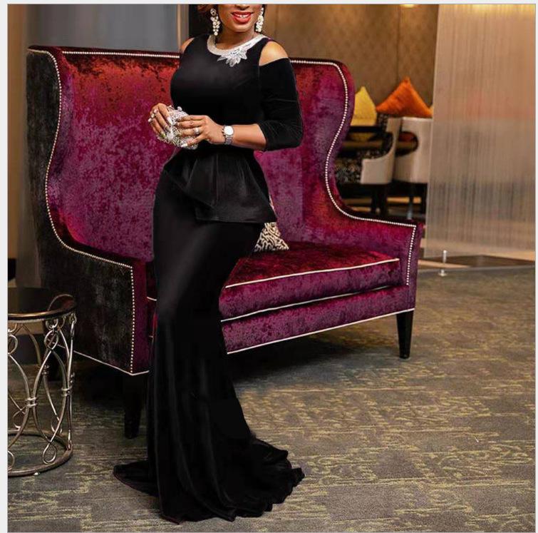 

Платье-рыбий хвост с открытыми плечами и вышивкой из золотого бархата в европейском и американском стиле - коллекция Весна/Лето 2025. Extra Extra Large чёрный