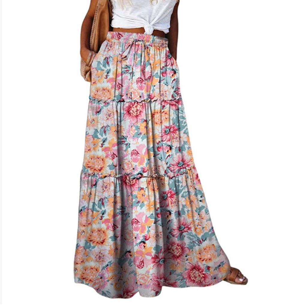 Women's Fashion Bohemian Print Elastic Waist Skirt Loose Casual High Waist Tie Long Skirt