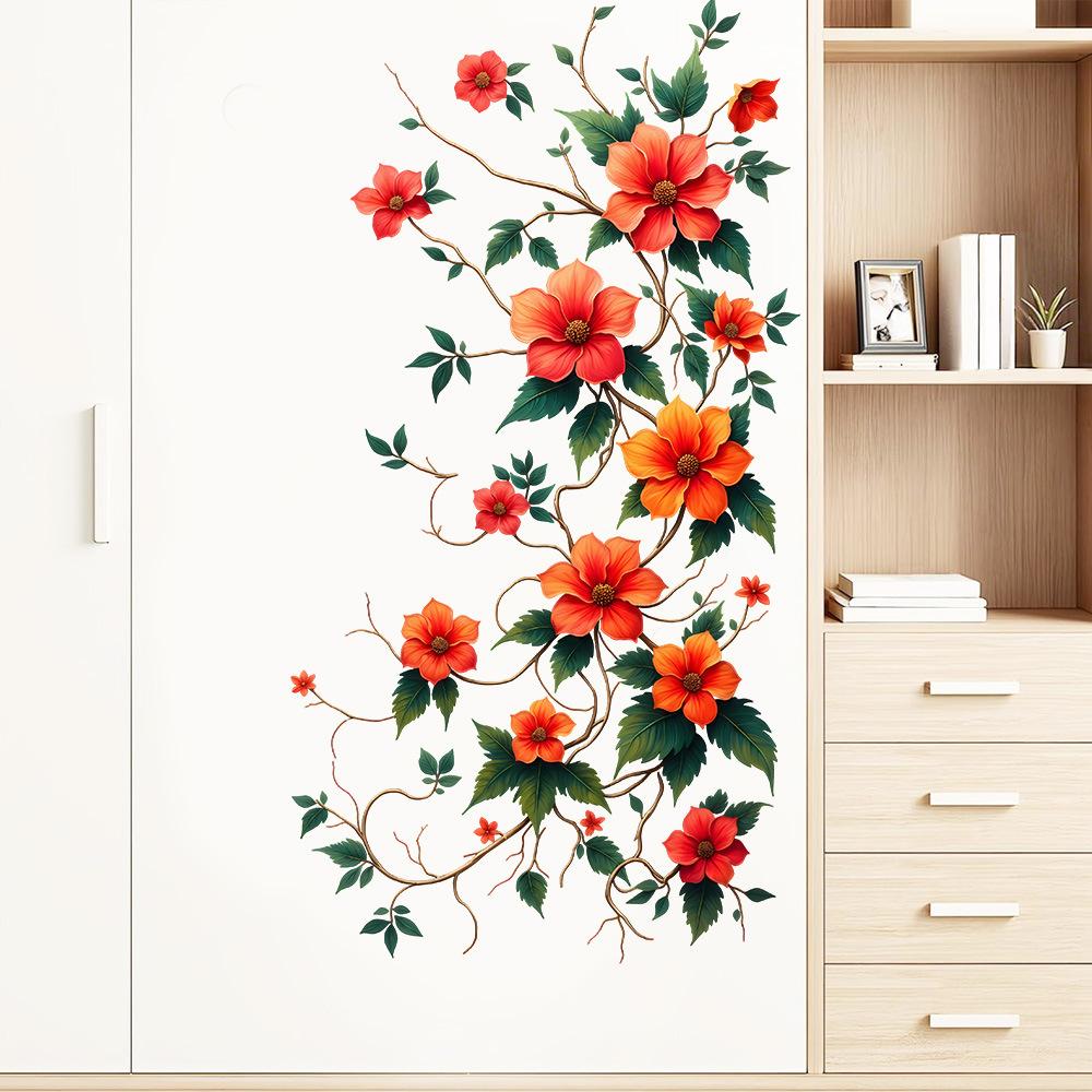 Self-adhesive Floral Wall Stickers Peony Bright Orange Flowers for Fridge Wall Home Decor