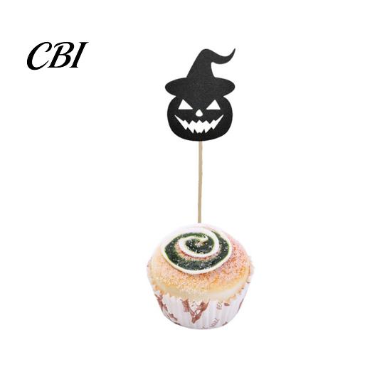 Halloween Cupcake Toppers 8 Pcs Toppers, Black Glitter Witch Hat Pumpkin Cake Topper Picks for Party Supplies, Birthday Decoration Dark
