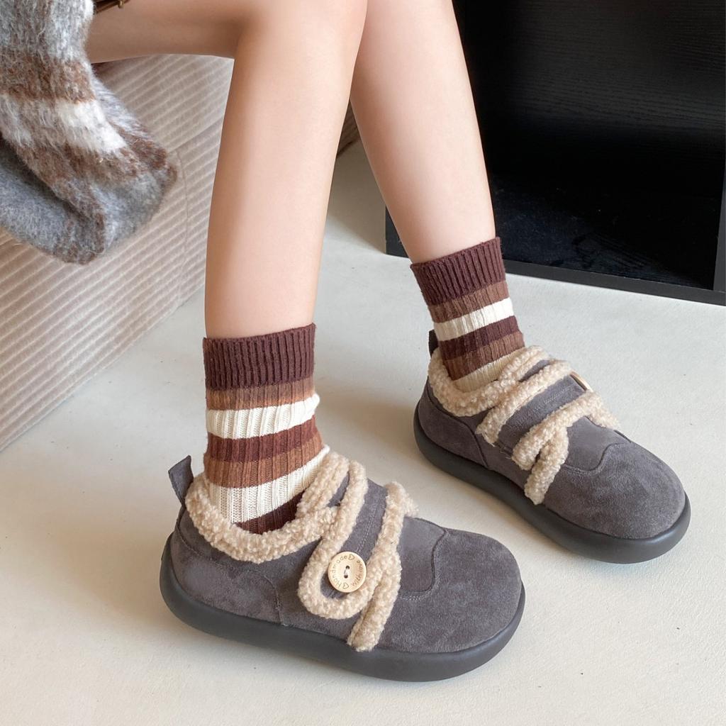 Klettverschluss bequeme Einzelschuhe Pendeln flachsohlig flauschige Schuhe Herbst und Winter modisch Retro dicksohlig flache Öffnung rutschfest Baumwollschuhe