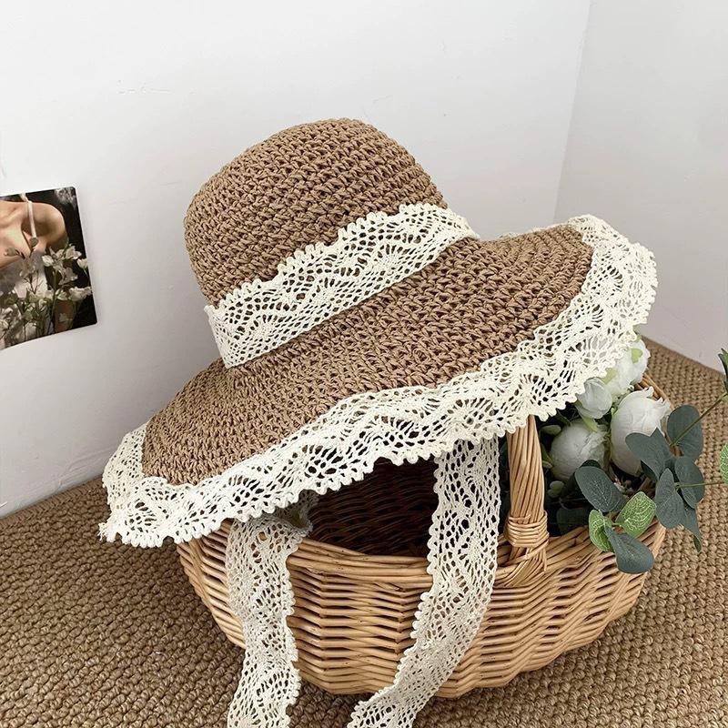 Seaside Beach Vacation Sunscreen Hat Flower New Cute Hollow Woven Summer Visor Big Brim Bucket Hat