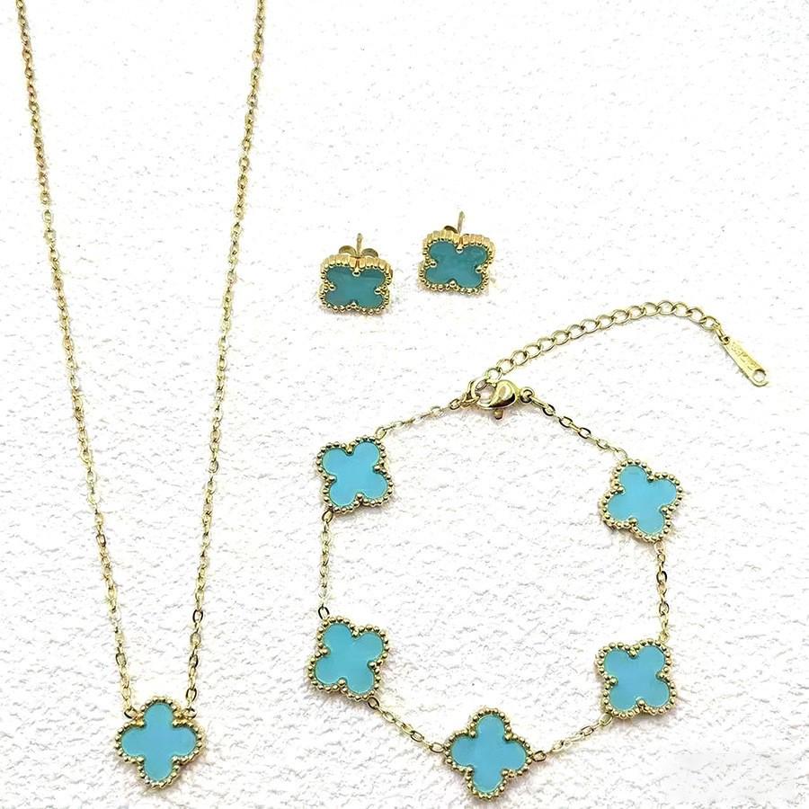 13mm Gold Four-Leaf Clover Jewelry Set: Bracelet, Necklace, Earrings - Classic High-End Style