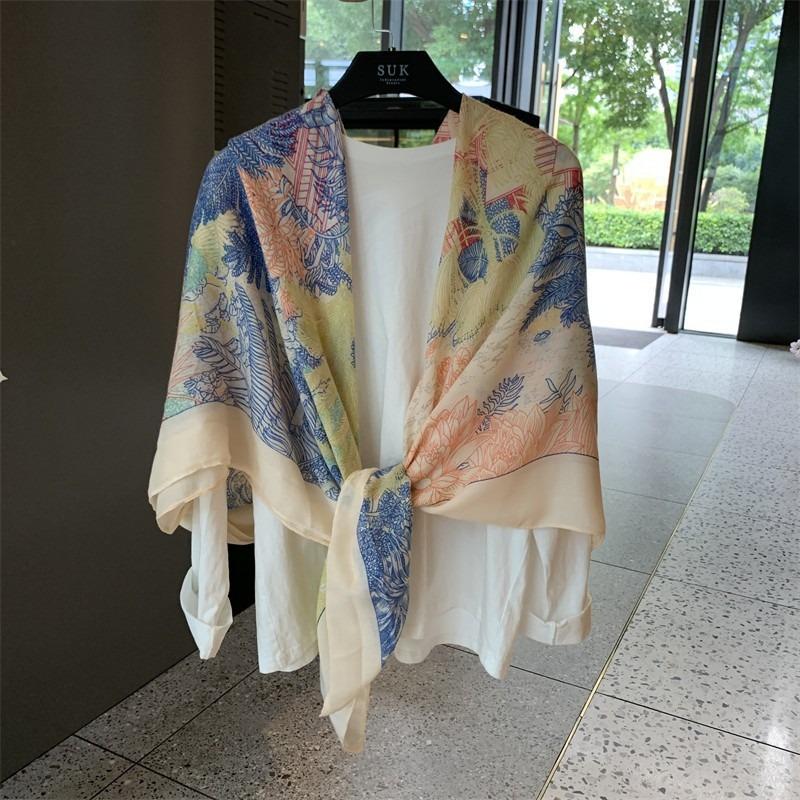 Small plaid linen scarf women's summer new sunscreen large square scarf thin silk scarf with shawl