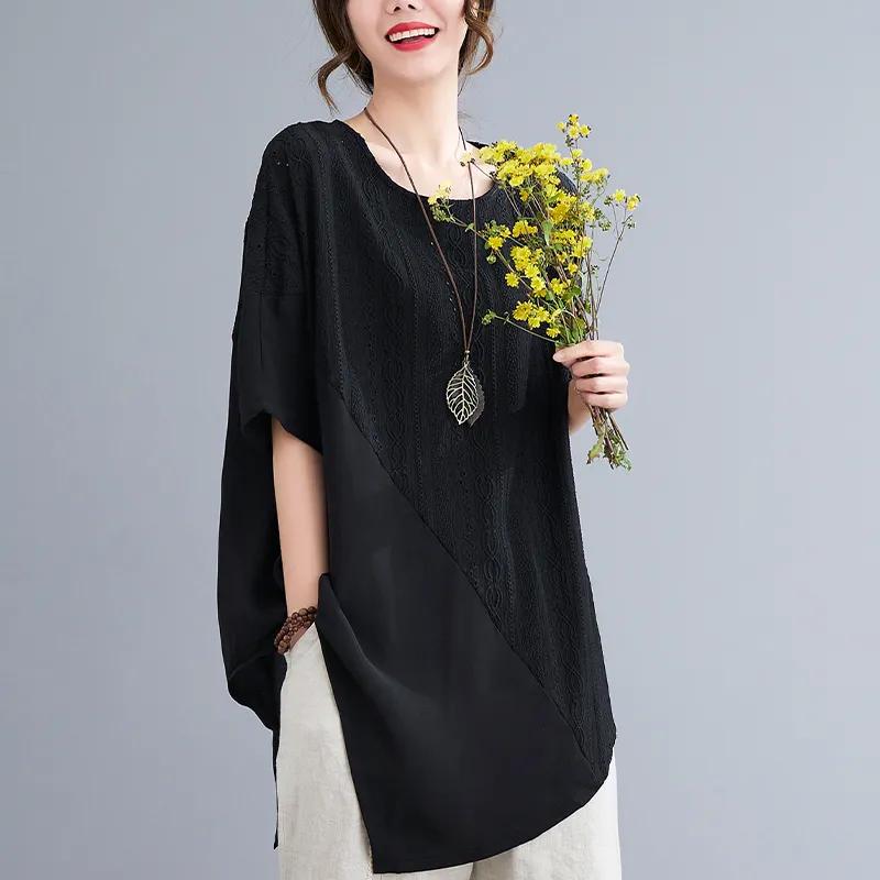 Sommer Damen Locker Kurzarm T-Shirt Patchwork Unregelmäßiger Design-Sinn Spitze Mittellanges Shirt