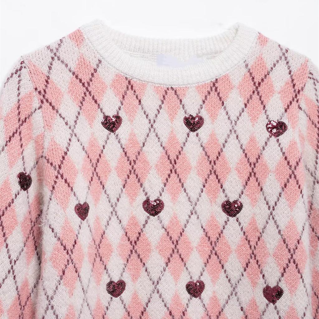 2025 Spring Women's Heart Jacquard Round Neck Knitwear