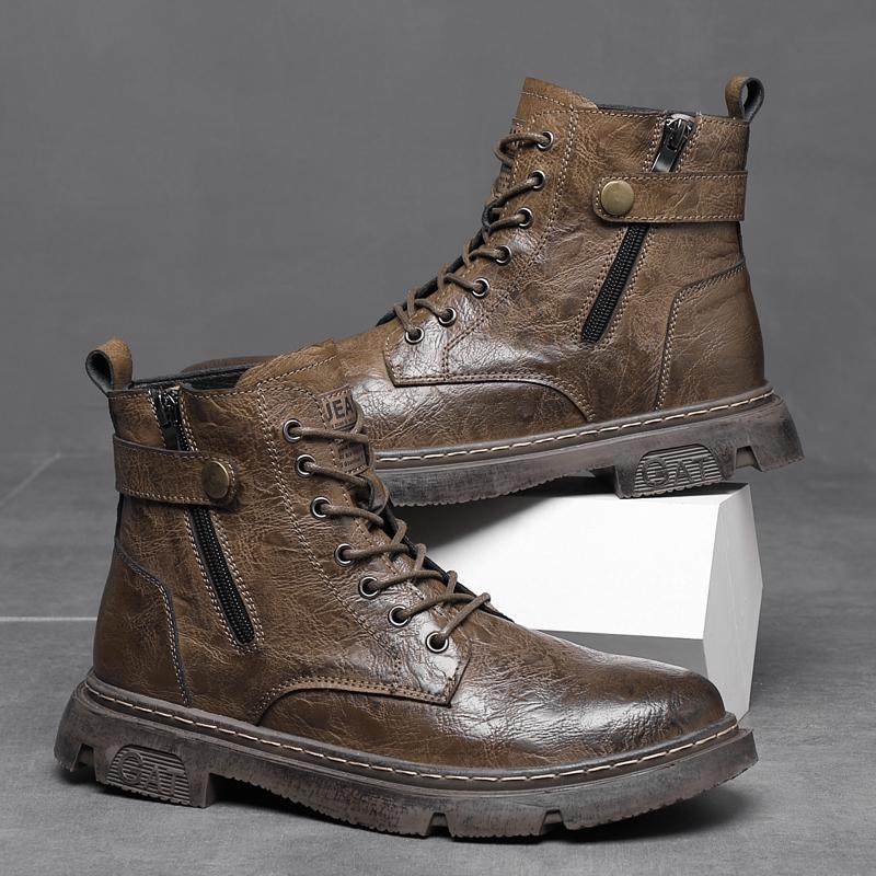 Fashion Fashion Casual Leather Male Motorcycle Boots Outdoor Men's Ankle Boots High Top Winter Casual Shoes Warm Plush Fur Winter Botas