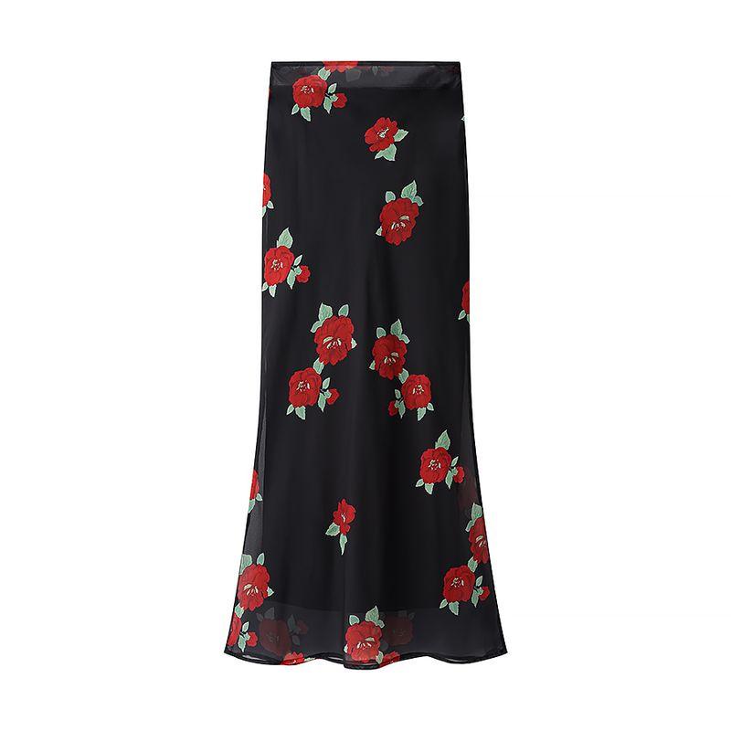 

Betty Blue French Style Retro Romantic Flower Print Laminated Sling Tops + Sheath Skirt Two-piece Set Black Print overskirt L