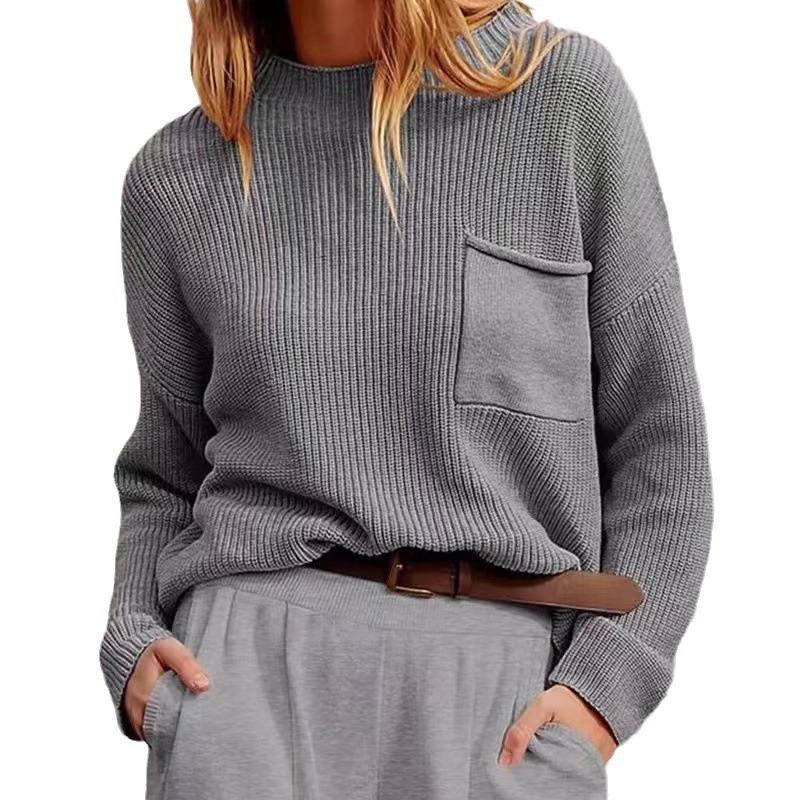 European and American Versatile Crimped Pocket Loose Top Fashion Trend Casual Style Semi-turtleneck Long-sleeved Knitted Sweater