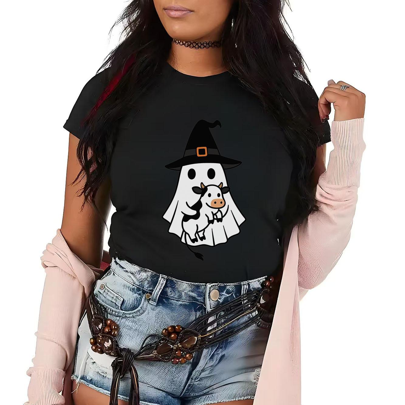 Fun Cow BOO Printed Tshirt Casual Short Sleeve Suitable for Four Seasons Fashion Versatile Holiday Womens Tshirt S