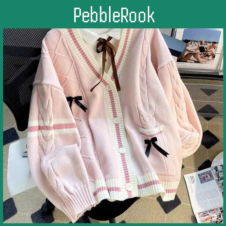 Knitted Y2k Sweet Bow Cardigans Aesthetic All Match Contrast Color Coats Fashion Single Breasted Women Kawaii Jk Sweaters Jumper