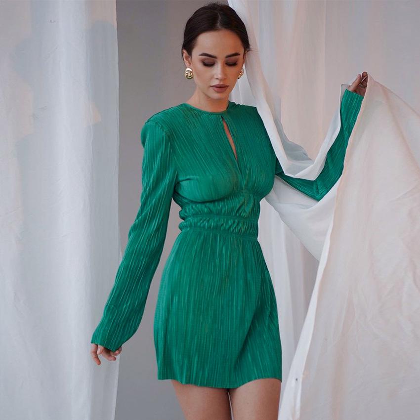 

Весенне-летняя однотонная плиссированная универсальная юбка с длинными рукавами, женская элегантная мода, тонкое сексуальное платье трапециевидной формы, пригородный стиль