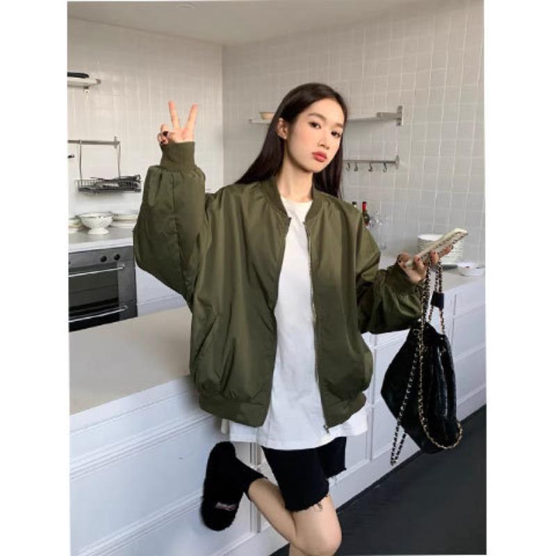 Autumn and winter versatile thin retro round neck casual loose baseball uniform tooling jacket women