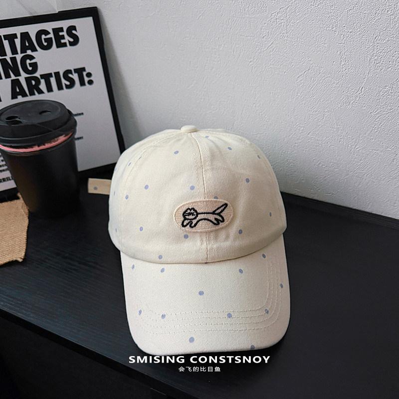 Korean Ins Style Polka Dot Cat Embroidery Baseball Cap Women Summer UV Protection Face Slim Casual Soft Top Sun Hat