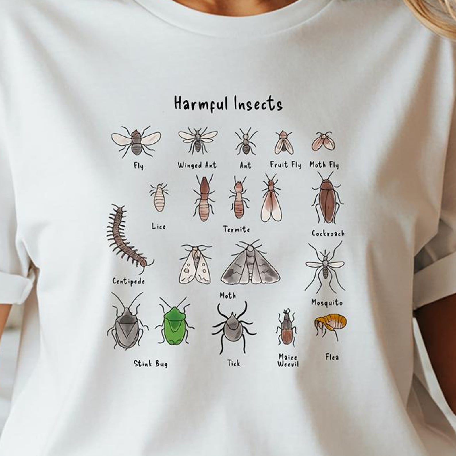 Vintage Harmful Insects T Shirt, Entomology Bug Chart Graphic Tee XL