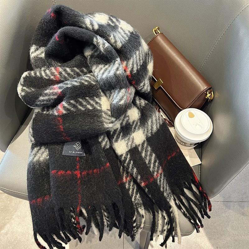 Korean Version Mohair Thickened Autumn and Winter Scarf Women's Versatile Atmosphere New Plaid Lazy Wind Warm Scarf
