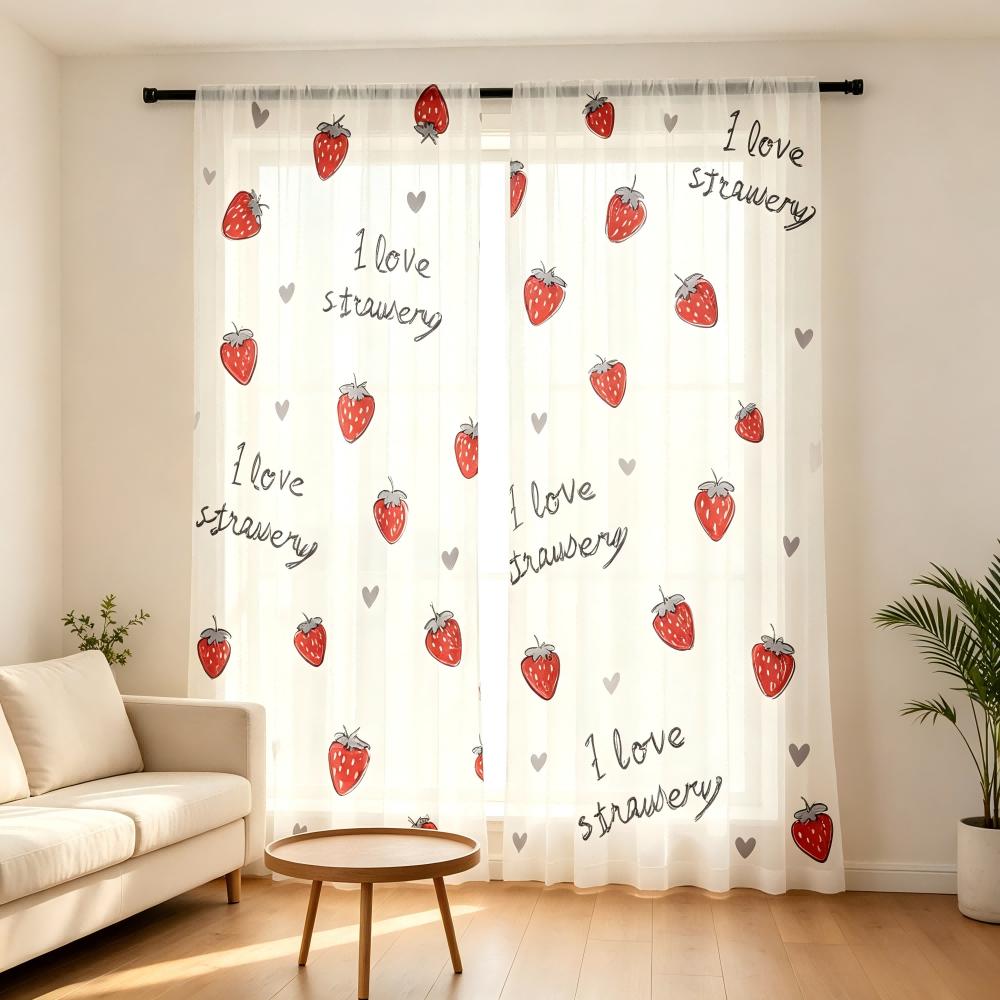 2PCS Digital Print Sheer Curtain, I Love Strawberry, Sweet Cute Fruit Berry Red - Voile Drapes for Bedroom Living Room Decor