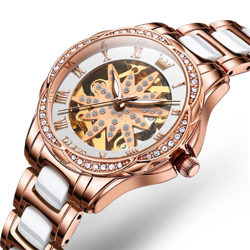 OLEVS Brand Rose Gold Ceramics Automatic Mechanical Women Watch Fashion Ladies Rhinestone Skeleton Luxury Watches Reloj Mujer