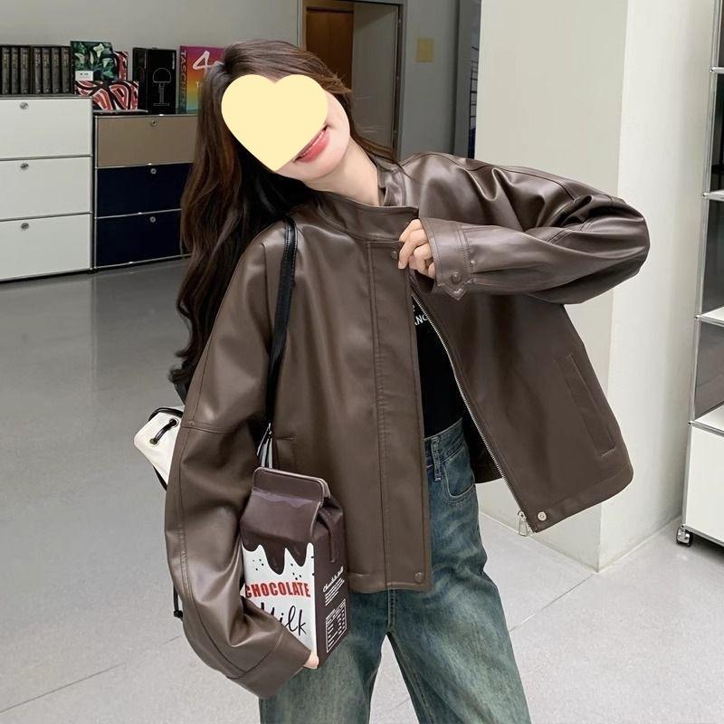Autumn Winter Casual Fashion Simple All-match PU Leather Jacket Women Vintage Street Style Zipper Coat Top